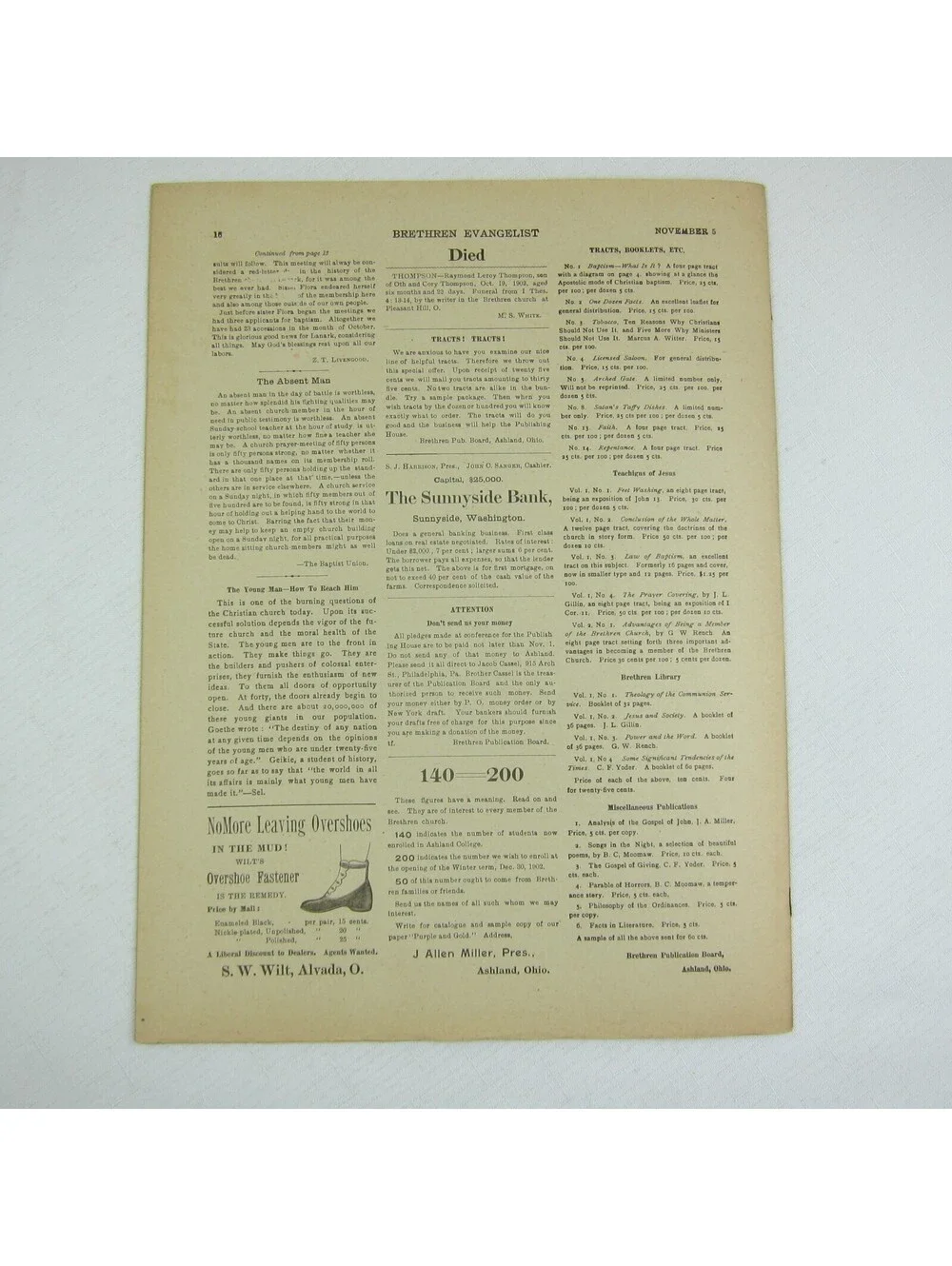 Brethren Evangelist Christian Newspaper Ashland Ohio Antique November 5th 1902